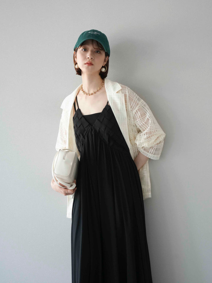 [予約]編み込みデザインシフォンワンピース/ブラック