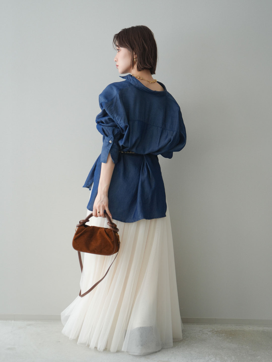 [SET]テンセルデニムタックシャツ+チュールボリュームスカート(2set)