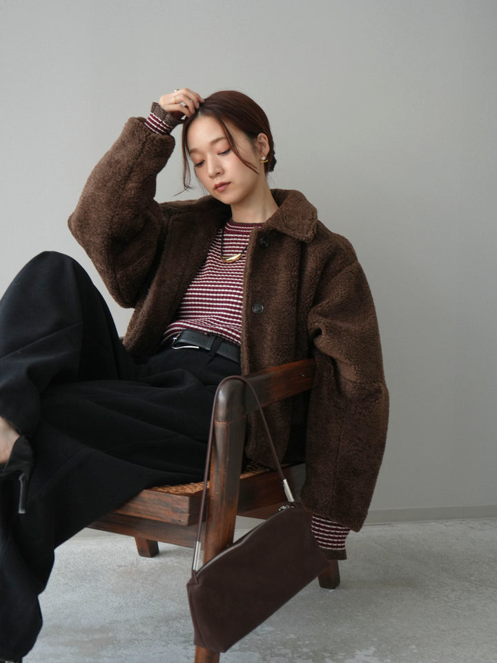 [SET]エコファーステンカラージャケット+ラメ異素材ボーダーリブニットプルオーバー(2set)