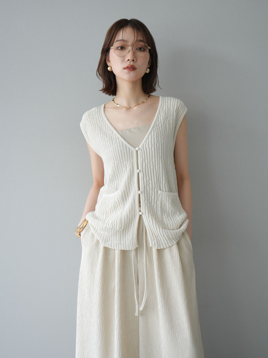 [SET] 波浪夏季針織背心+柳葉寬腿褲（2件套）