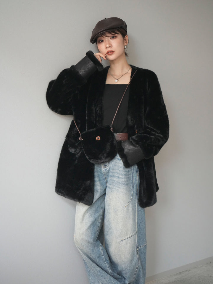 [SET]バッグ付エコファーノーカラーコート+ベルト付カーブデニムパンツ(2set)