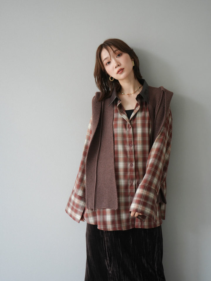 [SET]レザー襟オンブレチェックオーバーシャツ +クラッシュベロアナロースカート(2set)