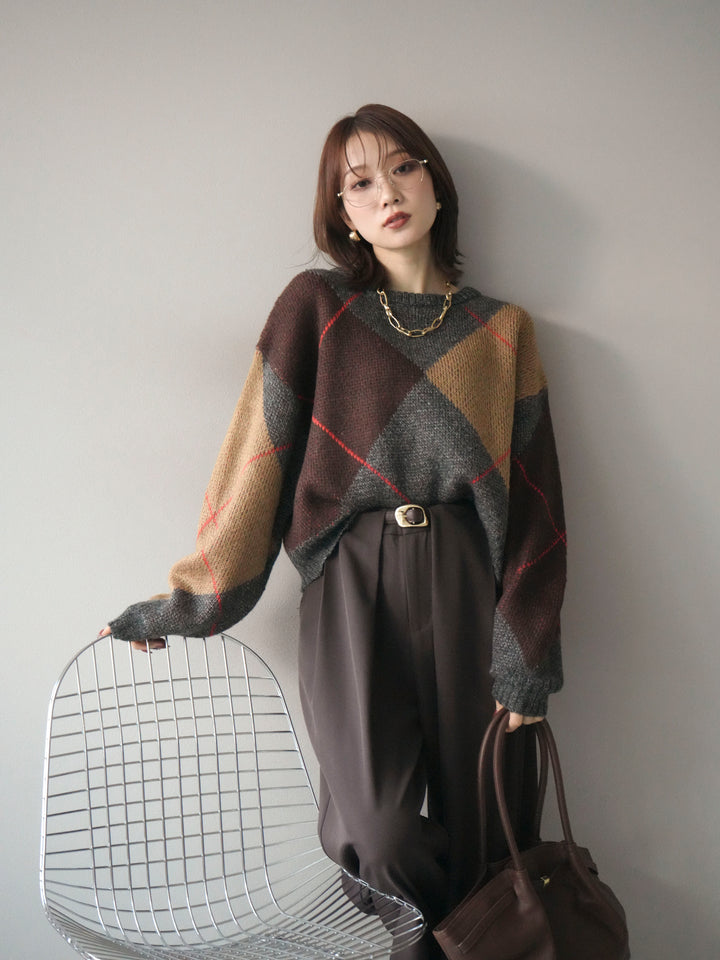[SET]配色ステッチアーガイル柄ニットプルオーバー+ベルトループデザインワイドパンツ(2set)