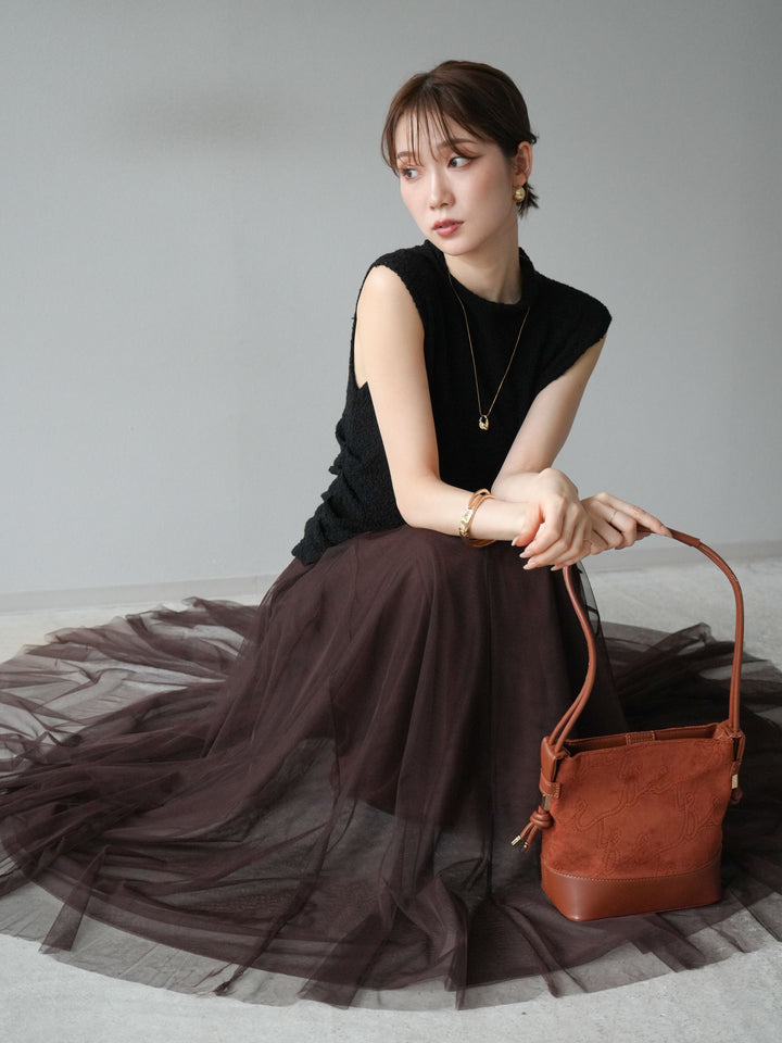 [SET]ブークレアシメニットノースリーブトップス+チュールボリュームスカート(2set)