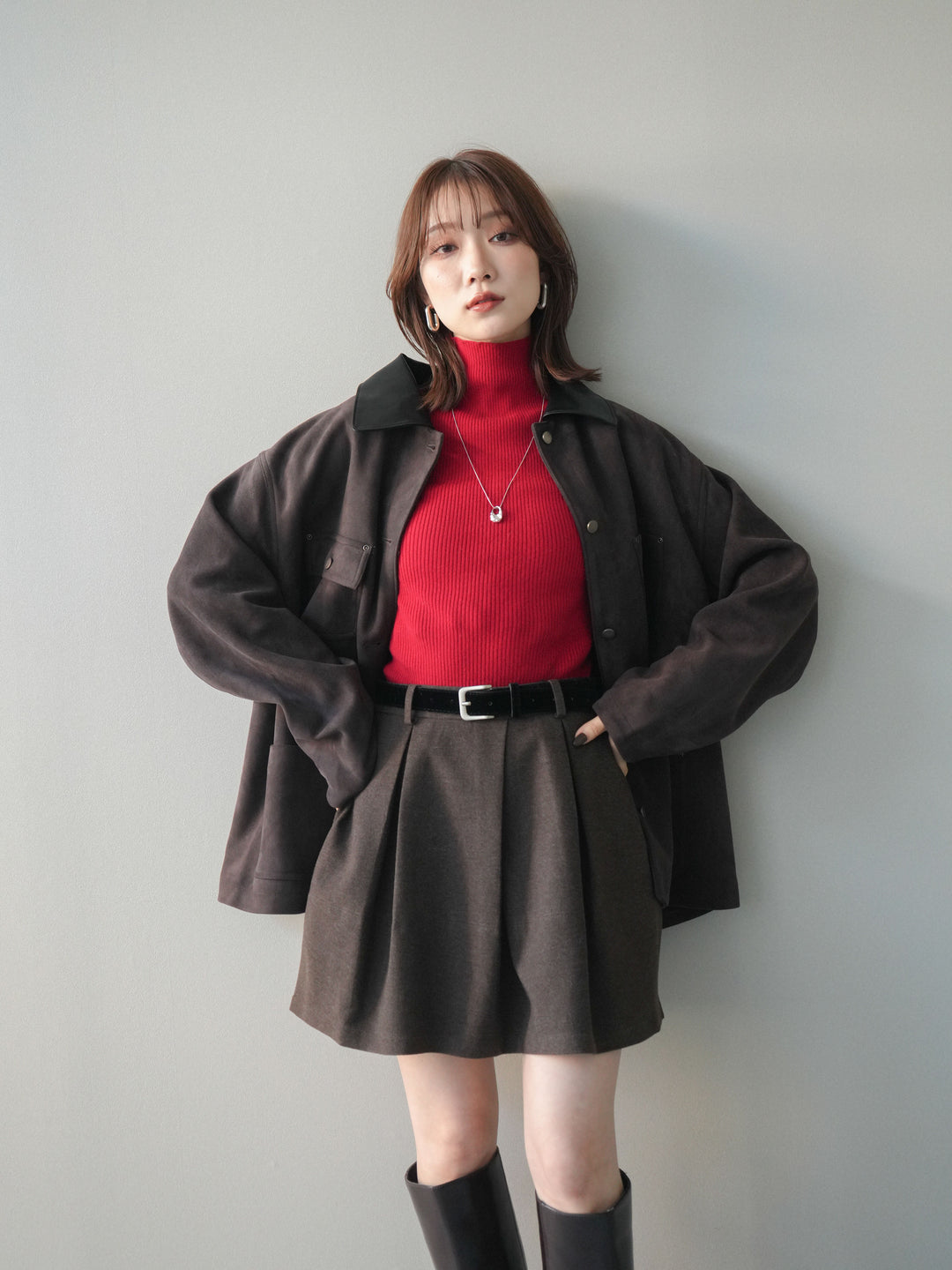[SET]襟レザーステンカラースエードジャケット+ベルト付きタックミニスカート(2set)
