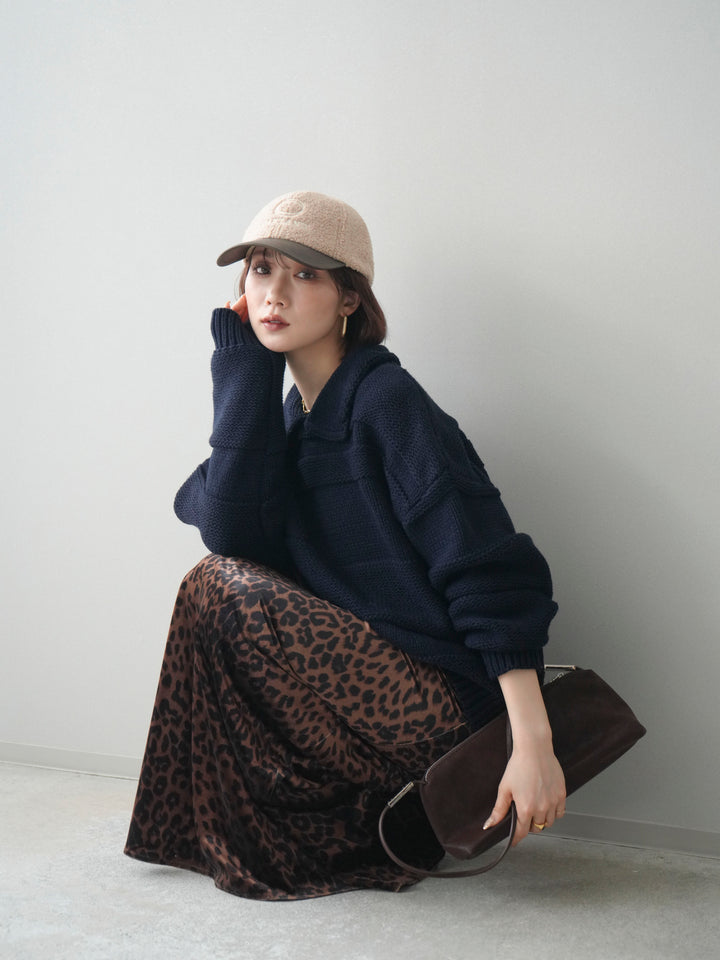 [予約]襟付きボーダー編みニットプルオーバー/navy