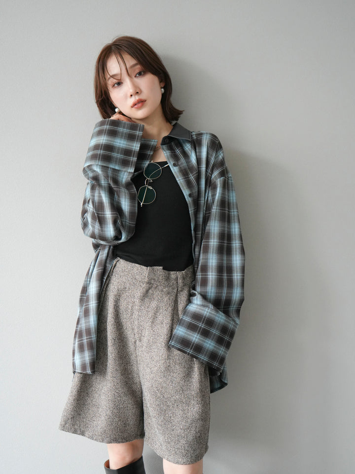 [SET]レザー襟オンブレチェックオーバーシャツ +ツイードハーフパンツ(2set)