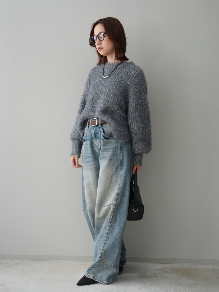 [SET]ボリュームスリーブシャギー MIXニットプルオーバー+ベルト付カーブデニムパンツ(2set)