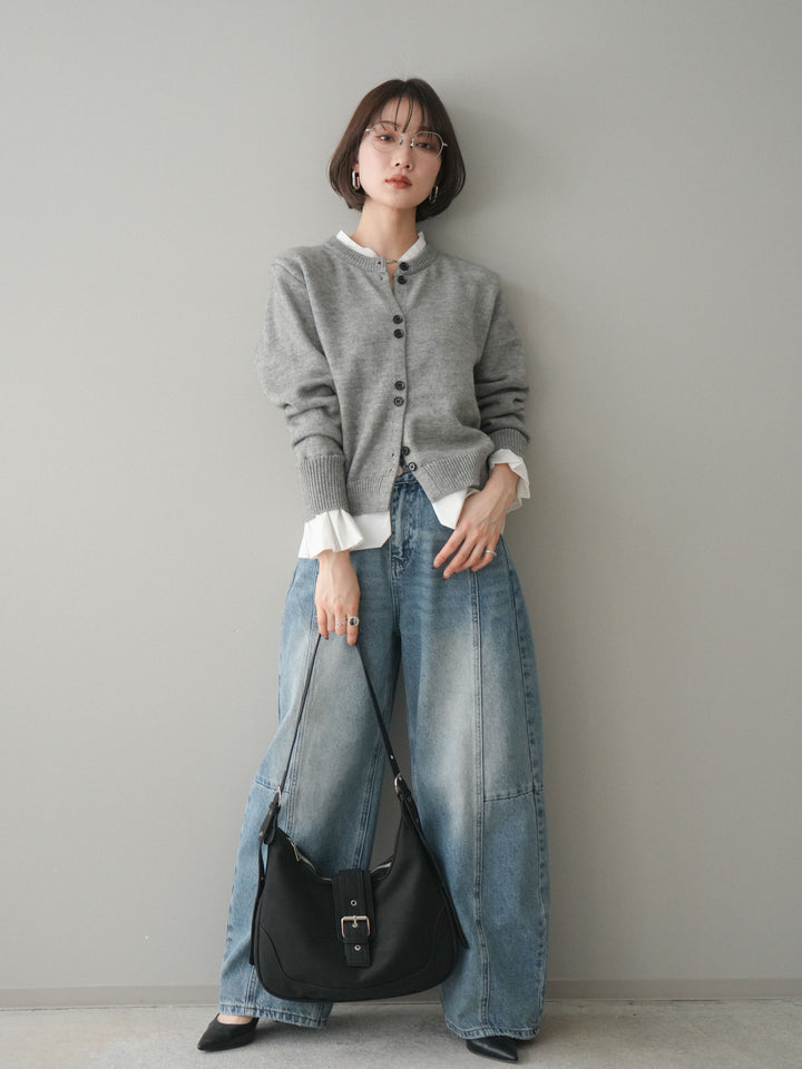 [SET]布帛ドッキングニットカーディガン+ガーメントウォッシュカーブデニムパンツ(2set)