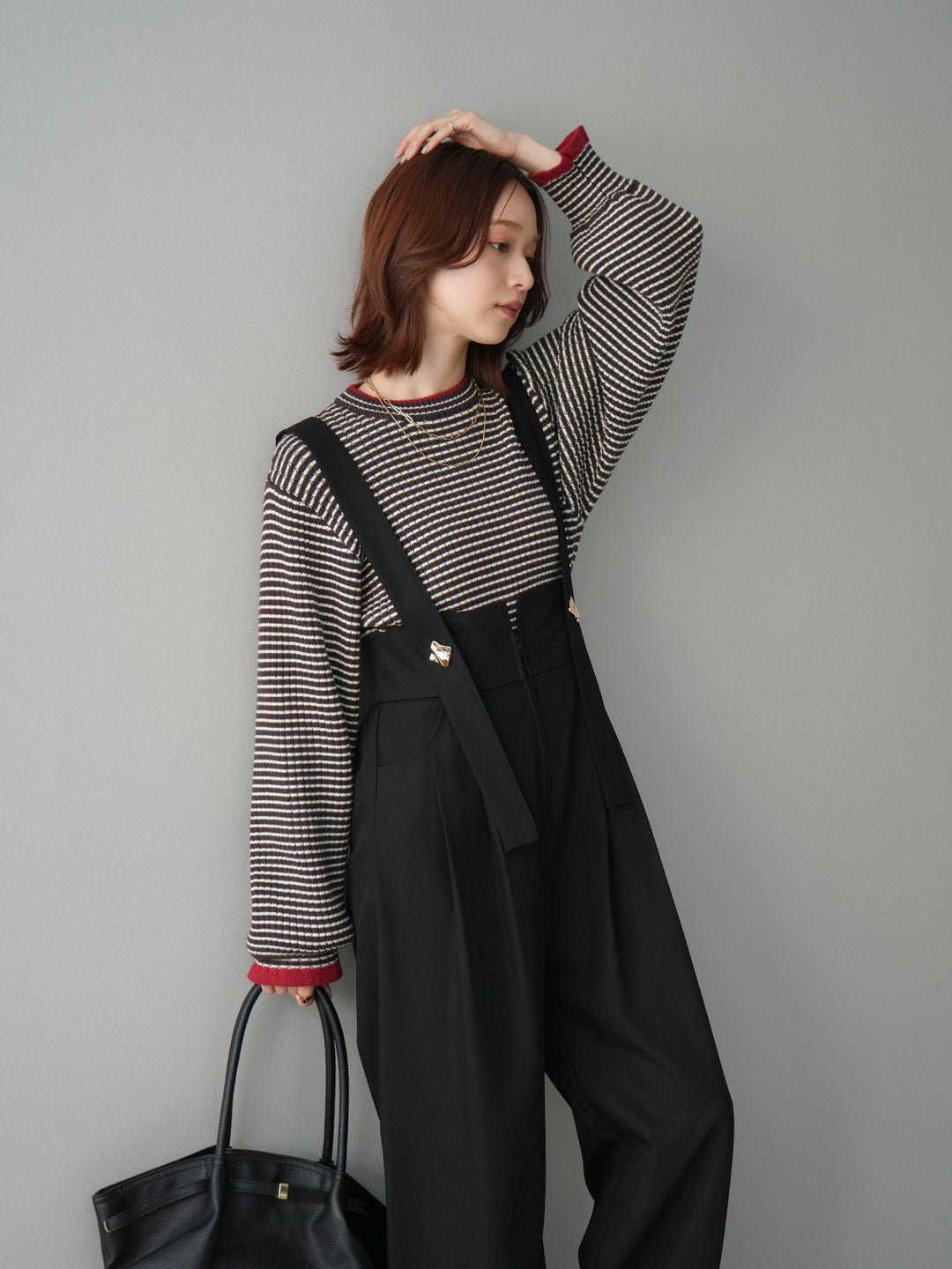 [SET]ラメ異素材ボーダーリブニットプルオーバー+ゴールドボタンサスペンダーワイドパンツ(2set)