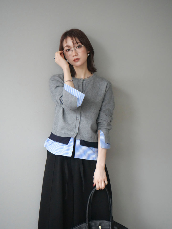 [SET]シャツ襟レイヤードニットカーディガン+ベルト付スウェットワイドパンツ(2set)