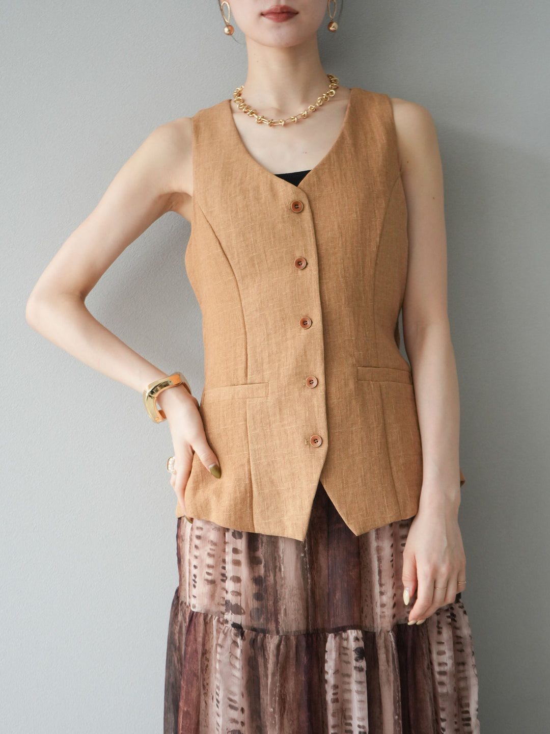 [SET]リネンタッチバックオープンベスト＆ニュアンス柄マキシスカートSET UP(2set)