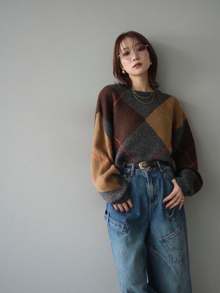 [予約]配色ステッチアーガイル柄ニットプルオーバー/charcoal