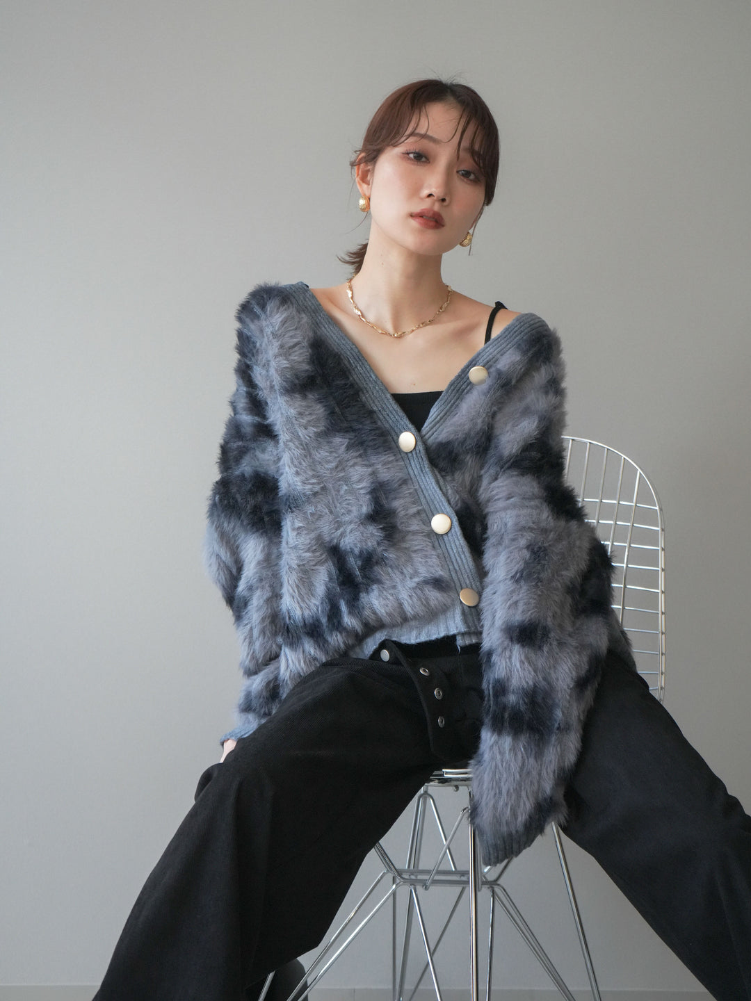 [SET]ニュアンス柄シャギーニットカーディガン+コーデュロイ巻きベルト付きパンツ(2set)