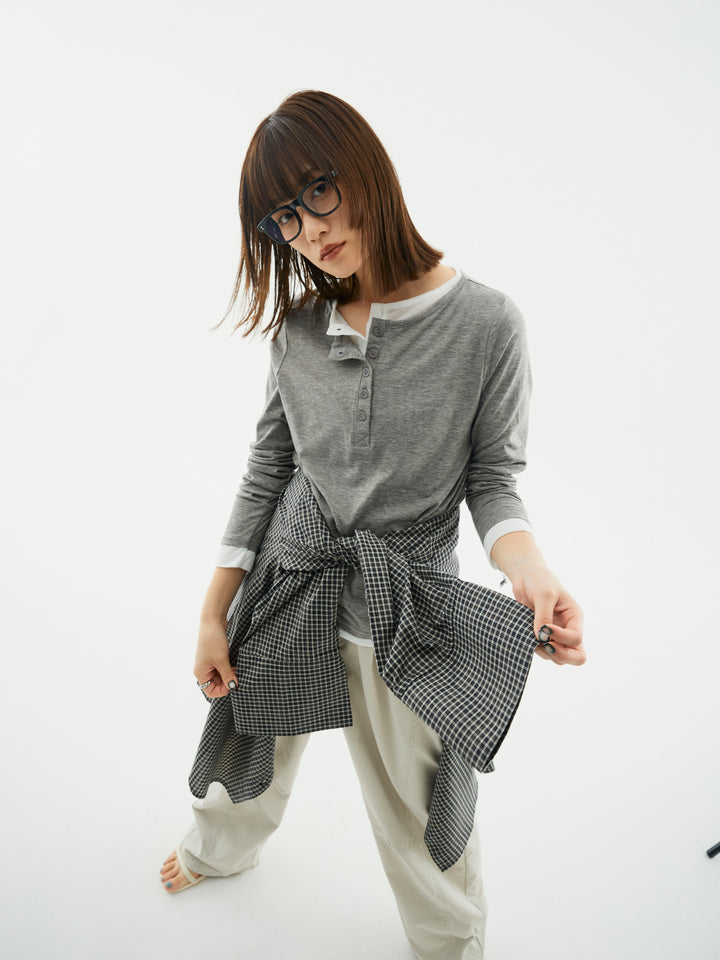 【Allure】[SET]配色レイヤードヘンリーネックトップス+タフタワイドカーブパンツ+チェックBIGカフスオーバーシャツ(3set)