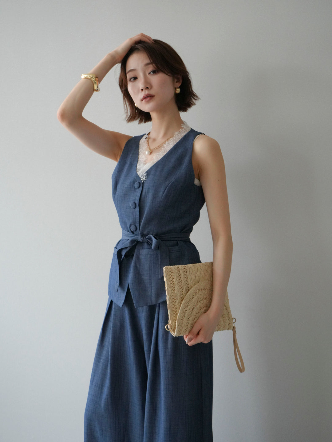 【套裝】蕾絲邊背心和垂褶褲套裝（2 套）