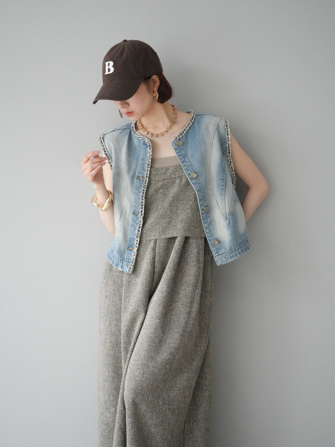 [予約]サマーツイードケープサロペット/ブラウン