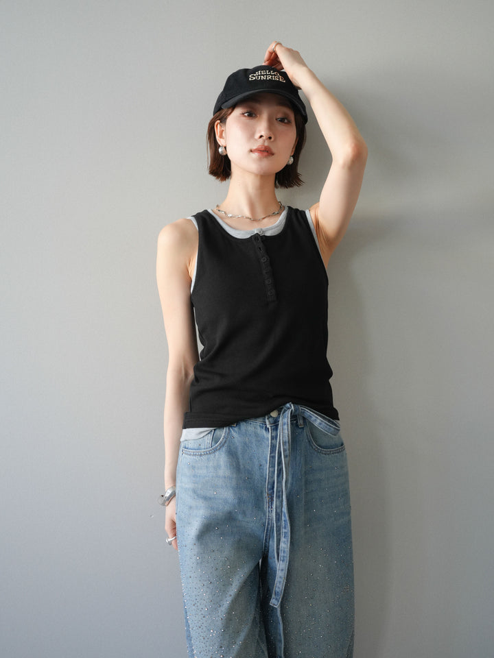 [SET]配色リブヘンリータンクトップ+ウエストベルトビジューワイドデニムパンツ(2set)