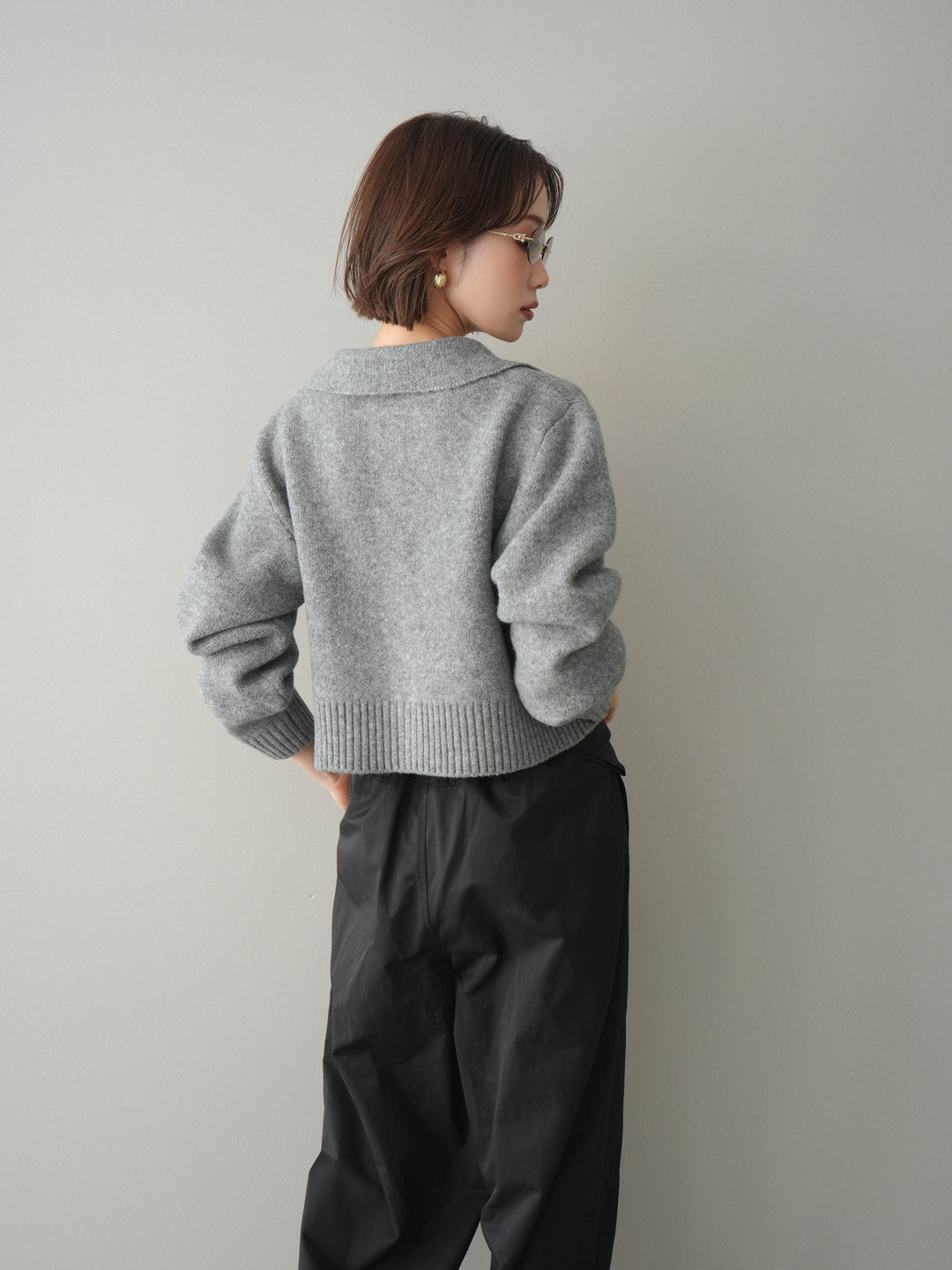 [予約]メランジニット襟付きクロップドカーディガン/gray