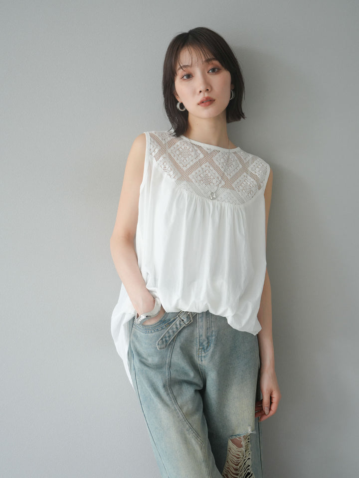 [予約]インド製コットンレース切替ノースリブラウス/オフ