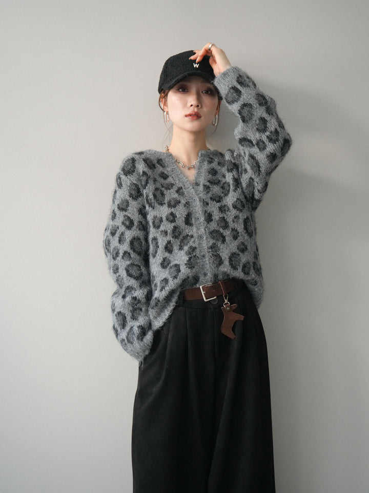 [SET]モヘアタッチレオパード柄ニットカーディガン+モチーフベルト付スエードタックワイドパンツ(2set)