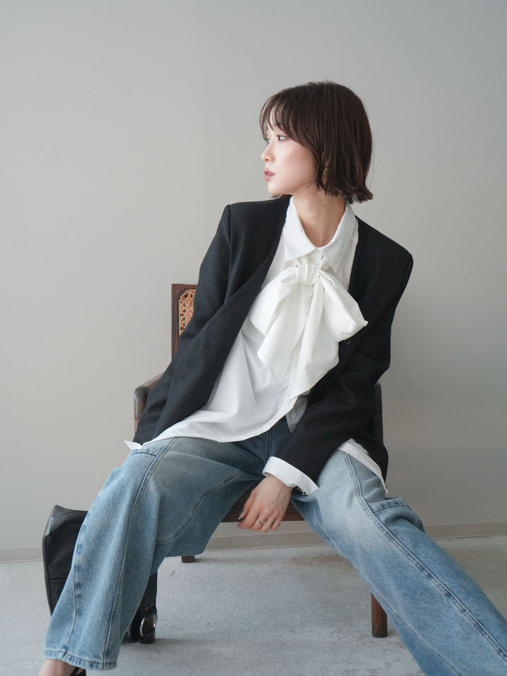 [SET]ノーカラージャケット+ボウタイ付オーバーシャツ(2set)