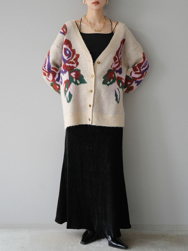 [予約]フラワー柄ゴールドボタンVネックニットカーディガン/アイボリー