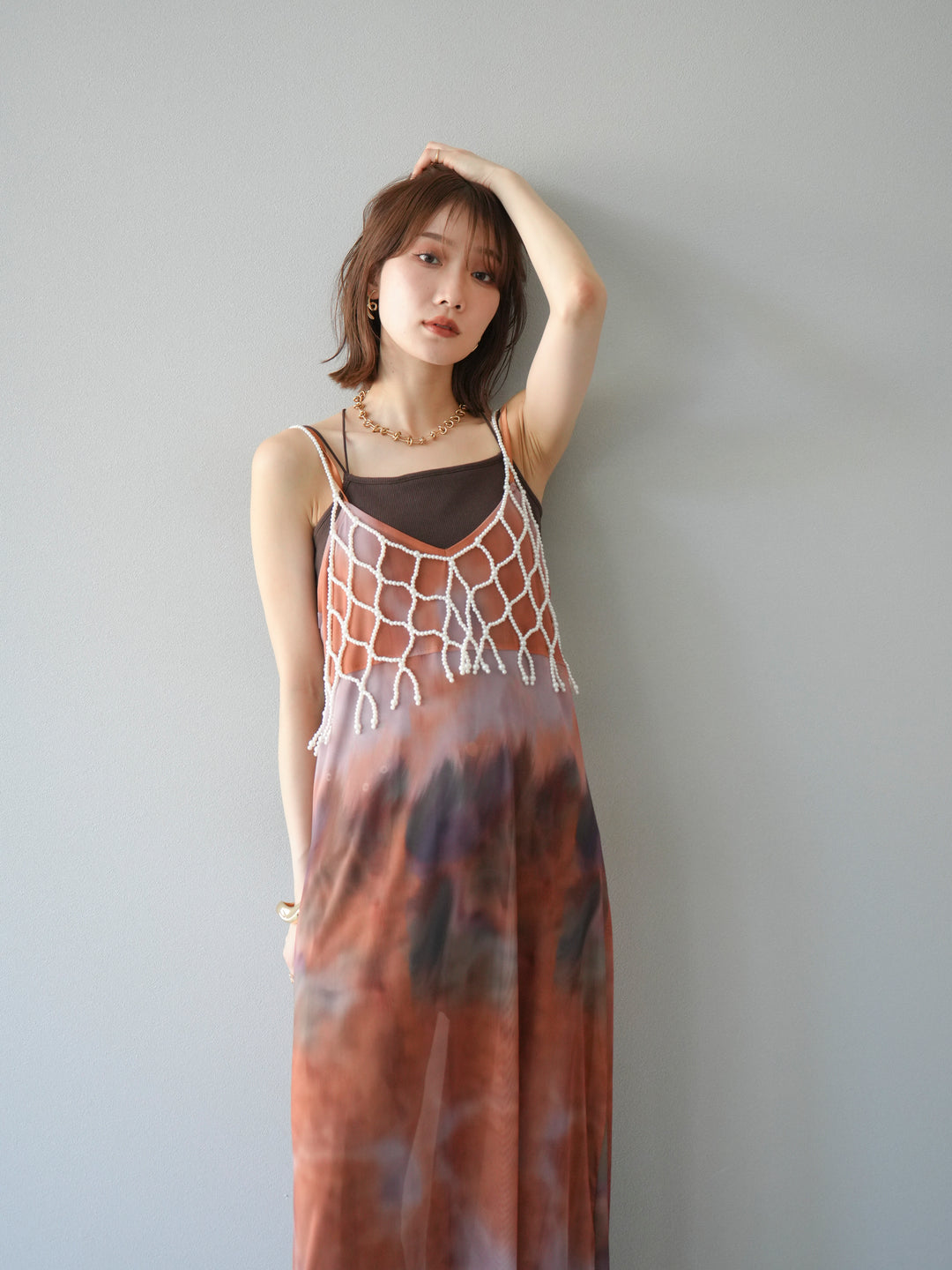 [予約タイダイ柄シアーキャミワンピース/オレンジ