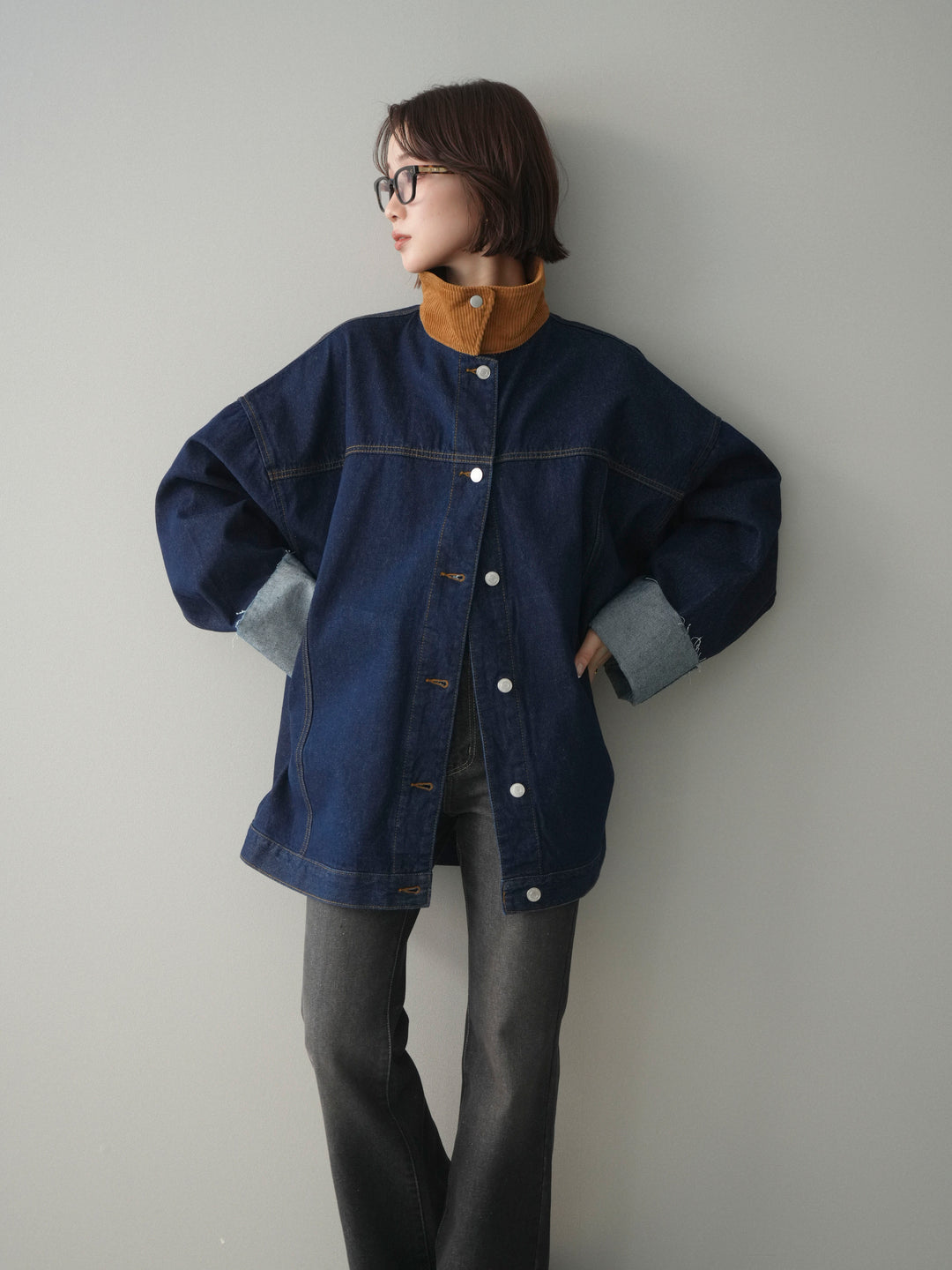 [SET]コーデュロイ×デニムミドルジャケット+フレアデニムパンツ(2set)