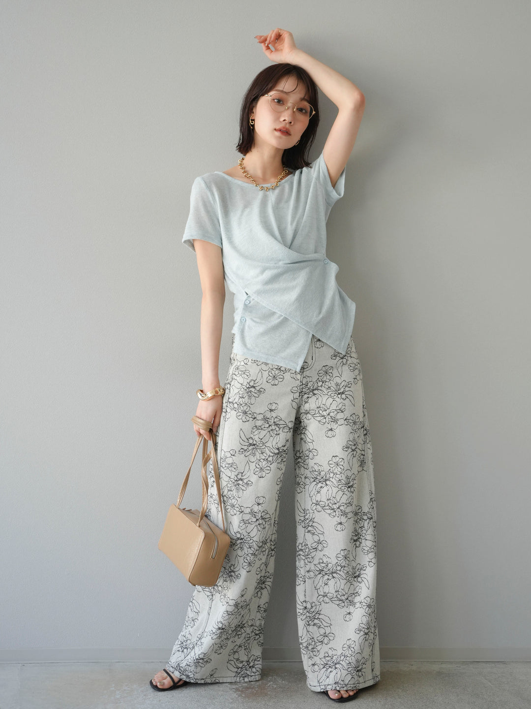 【預購】花朵提花牛仔寬褲/黑