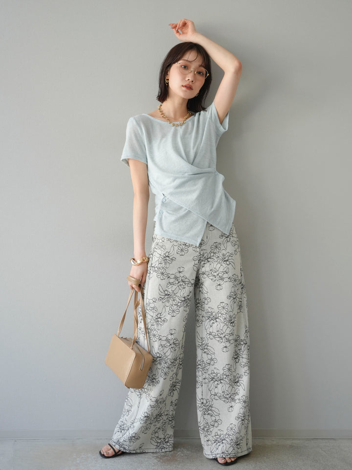 【預購】花朵提花牛仔寬褲/黑