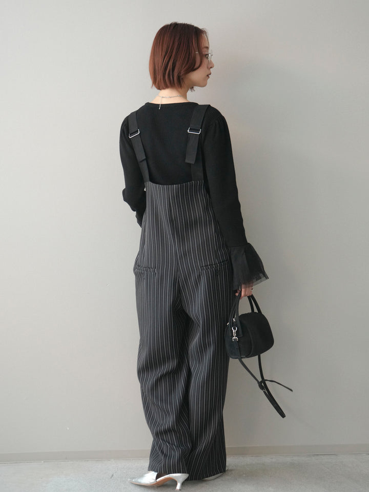 [SET]袖チュールパワショルリブニットトップス+グログランテープストライプサロペット(2set)