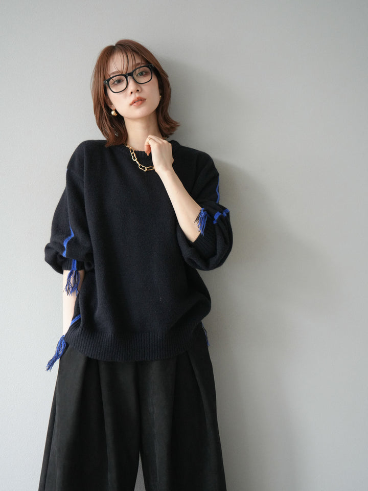 [SET]配色ステッチフリンジニットプルオーバー +スウェードタックワイドパンツ(2set)
