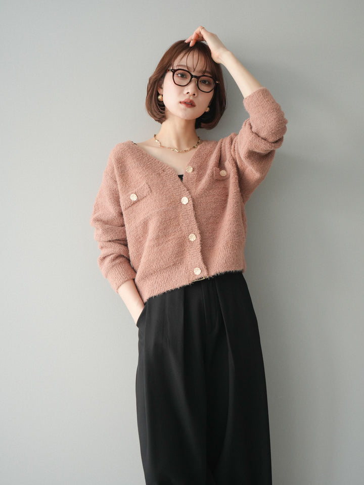 [SET]ゴールドボタンモールニットカーディガン+ベルトループデザインワイドパンツ(2set)