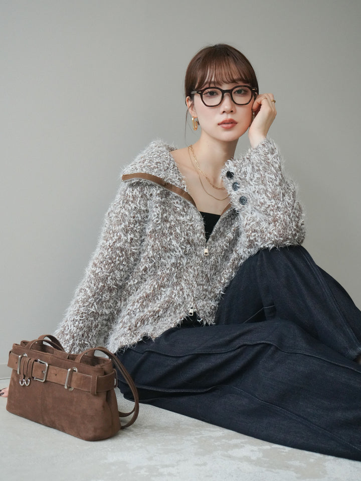 [予約]ミックスシャギージップニットカーディガン/brown