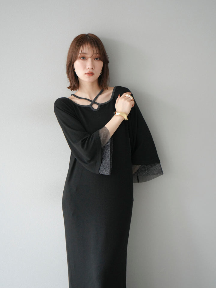 [予約]デザインネックラメシアー切替ニットワンピース/ブラック