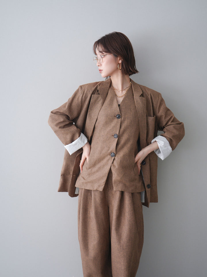 [SET]リネンライクテーラードジャケット+リネンライクバックオープンジレ+リネンライクタックワイドパンツ(3set)