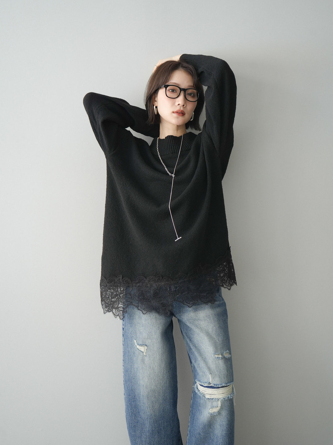 [SET]アシンメトリーレースヘムニットプルオーバー+ダメージデニムセミワイドパンツ(2set)