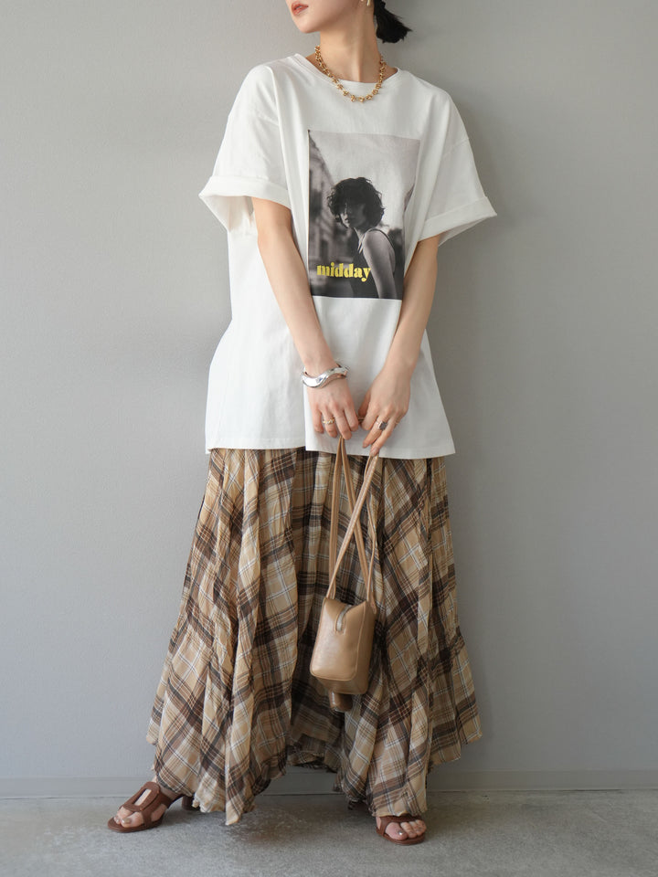 [SET]ネオンロゴフォトプリントBIG Tシャツ+シアーチェックアシンメトリーワッシャースカート(2set)