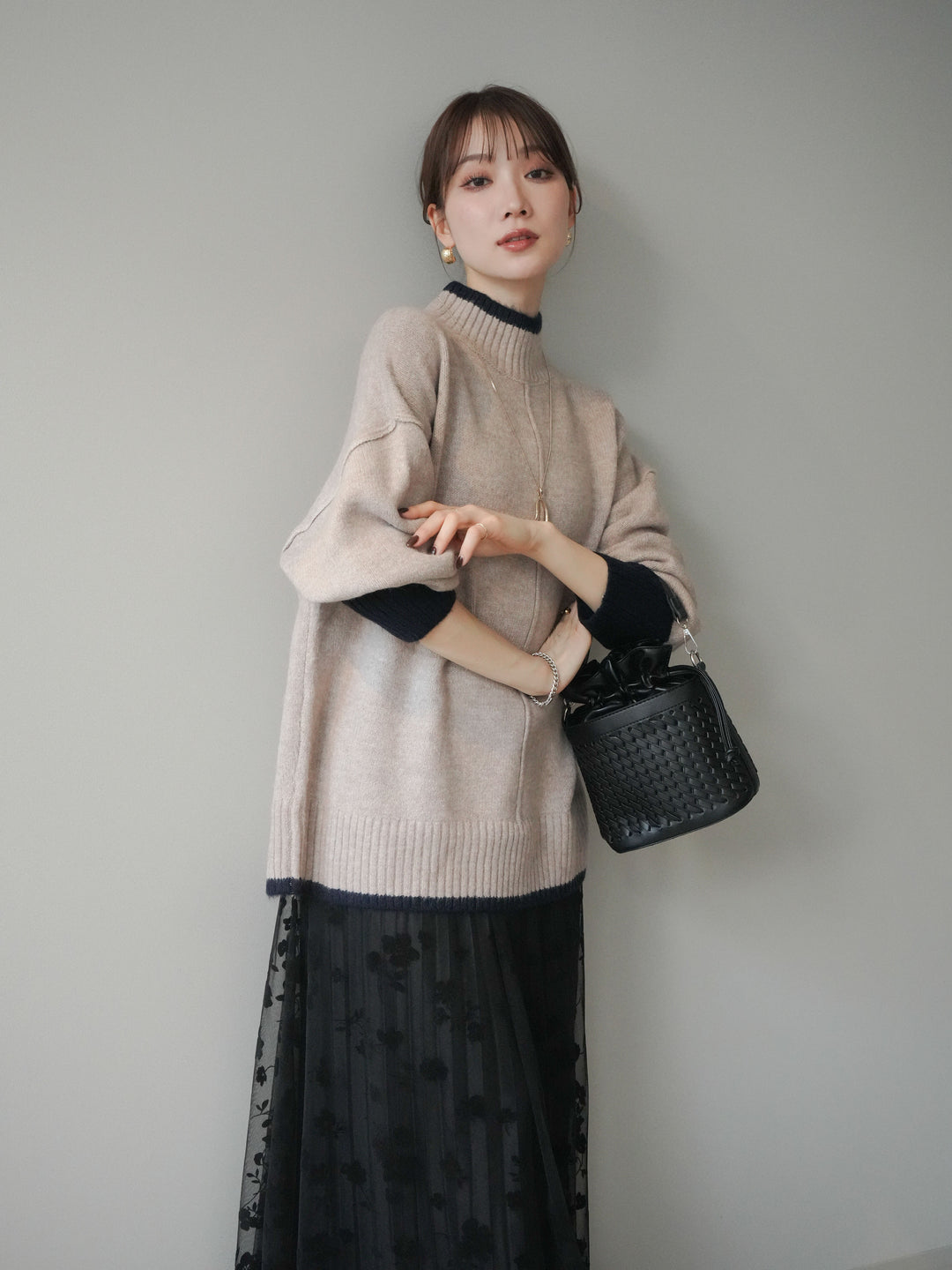 [SET]配色ハイネックニットプルオーバー+配色ハイネックニットプルオーバー(2set)