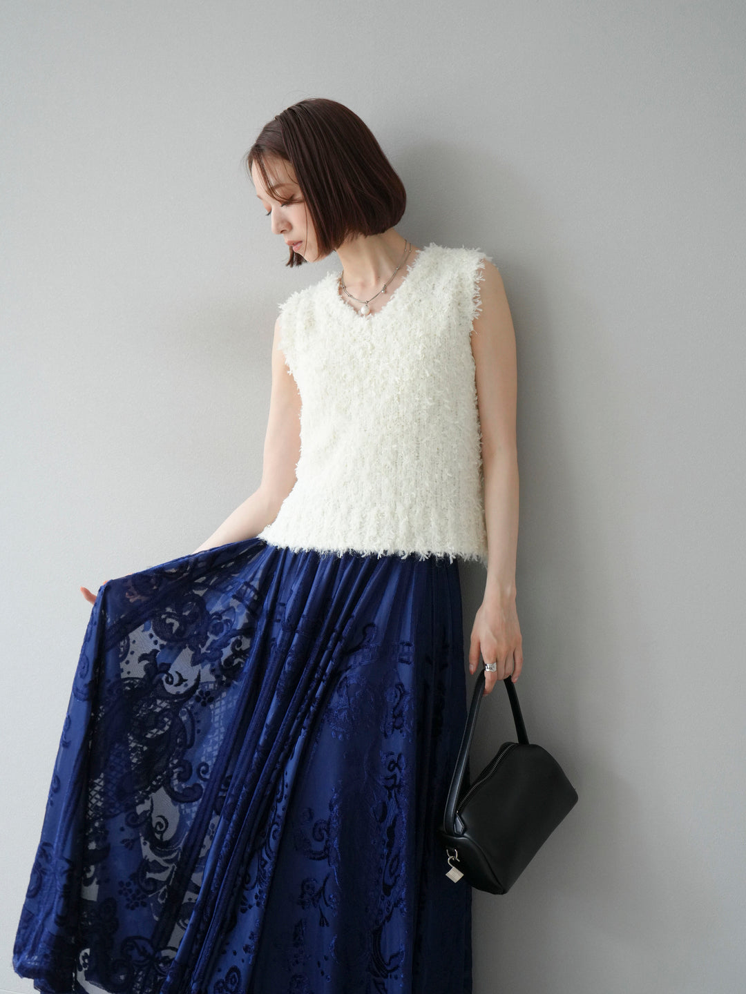 [SET]テープヤーンフリンジニットベスト+アンティーク柄フロッキーマキシスカート(2set)