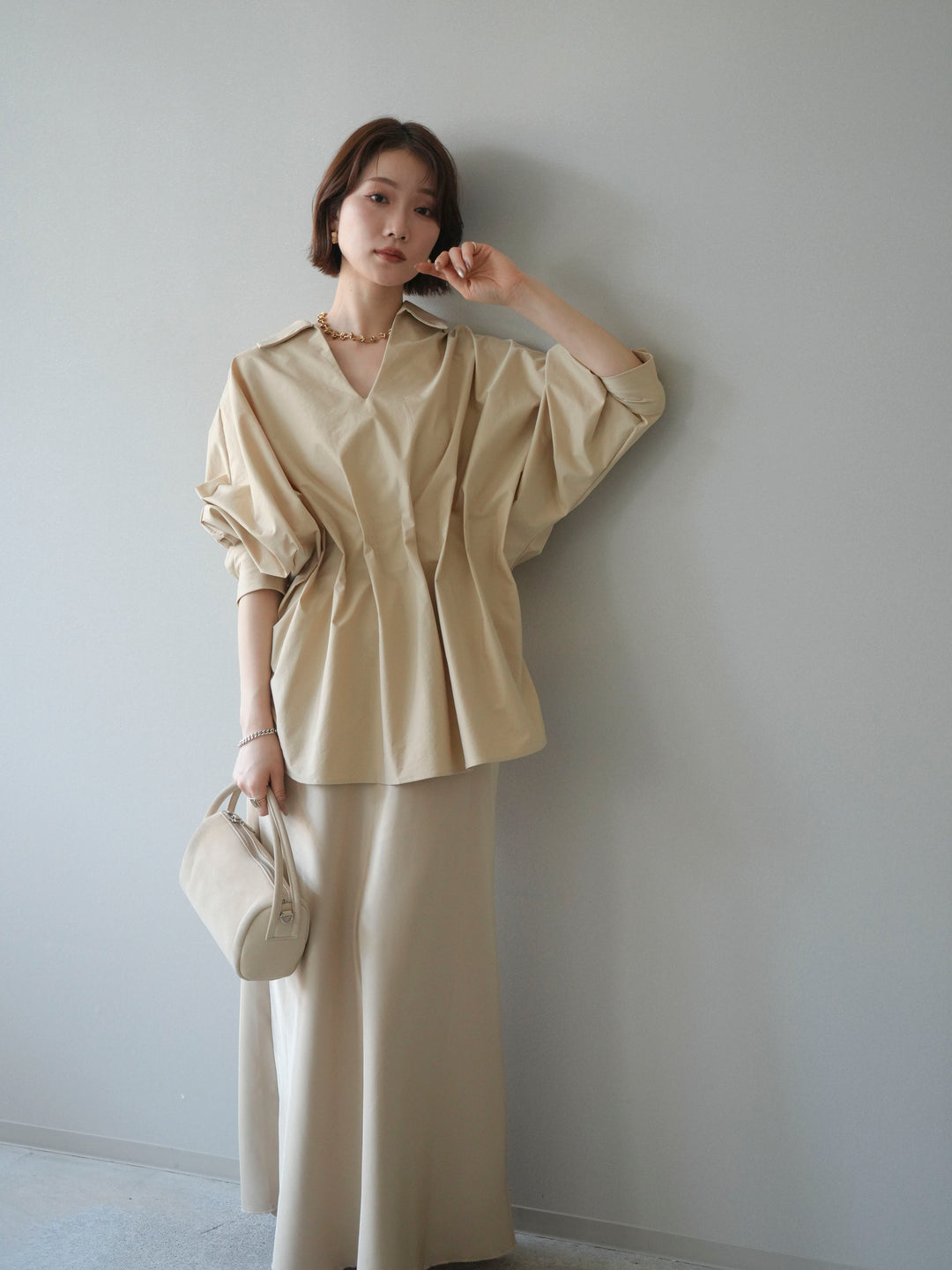 [予約]ウエストギャザースキッパーシャツ/beige