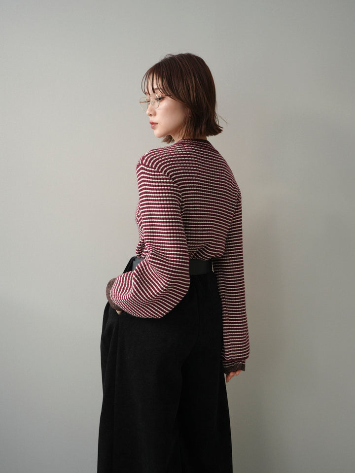 [予約]ラメ異素材ボーダーリブニットプルオーバー/bordeaux×brown