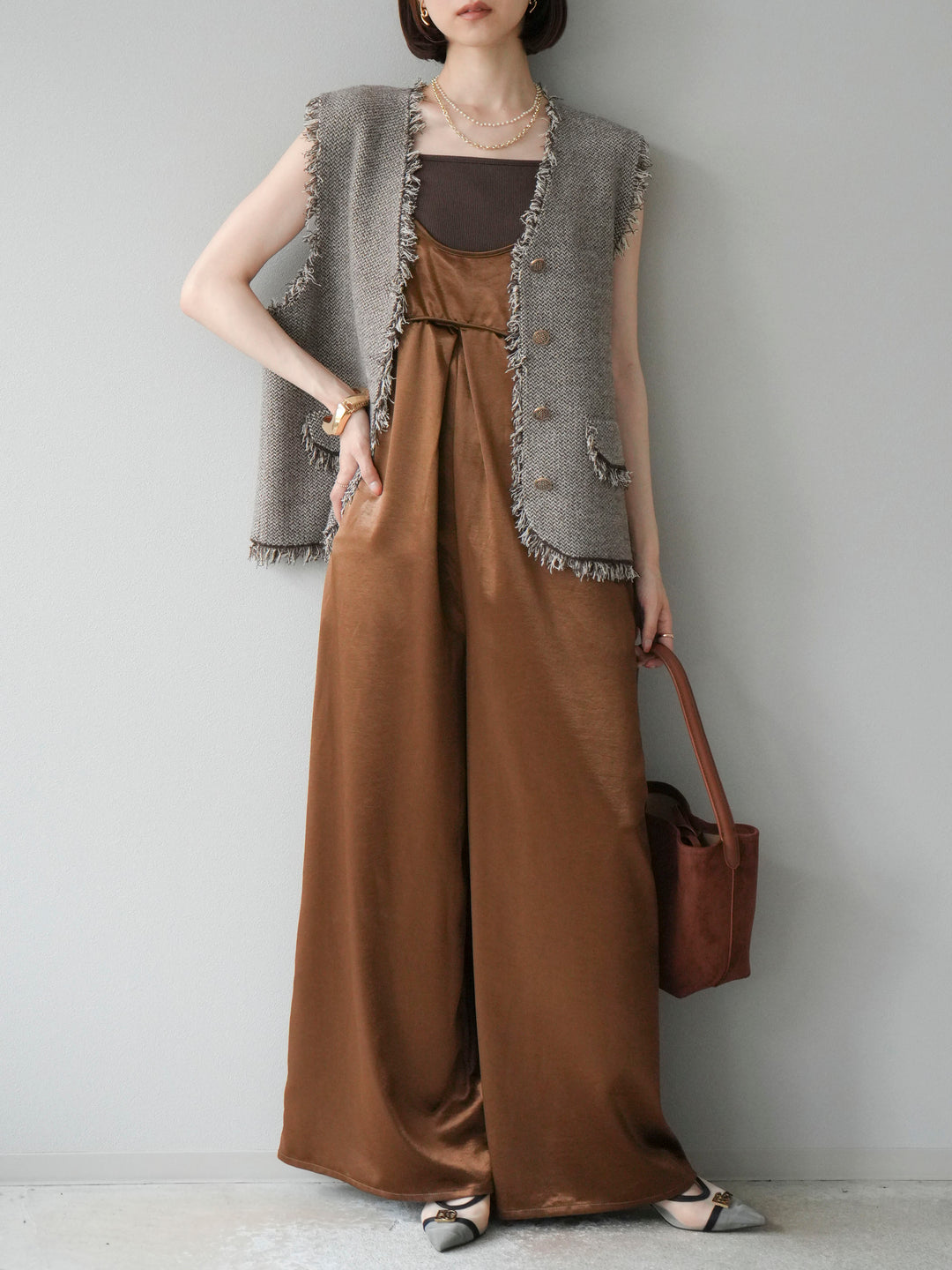 [予約]サテンビスチェオールインワン/ブラウン