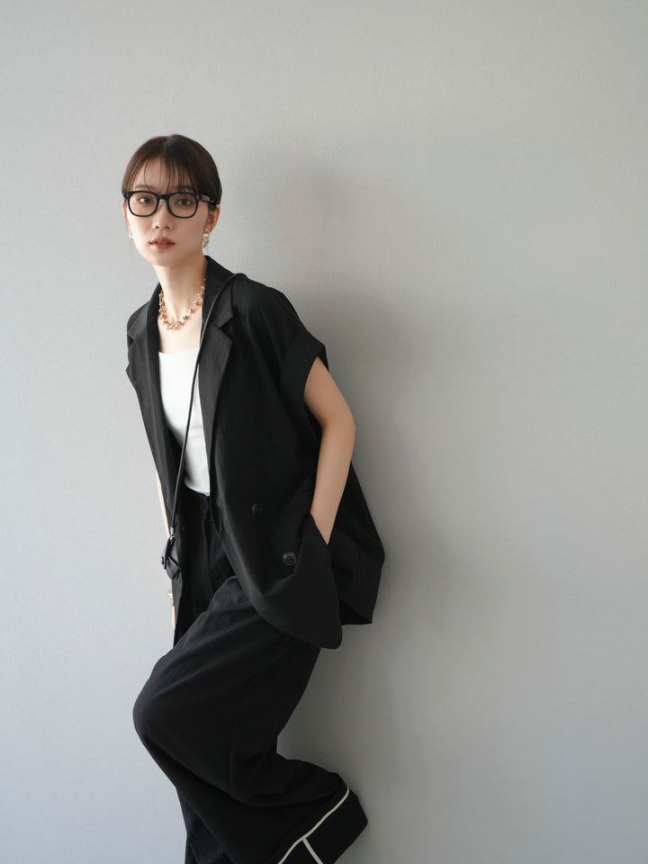 [套裝] 亞麻風格無袖雙背心 + 雙肩帶剪裁羅紋胸罩吊帶背心（2 件套）