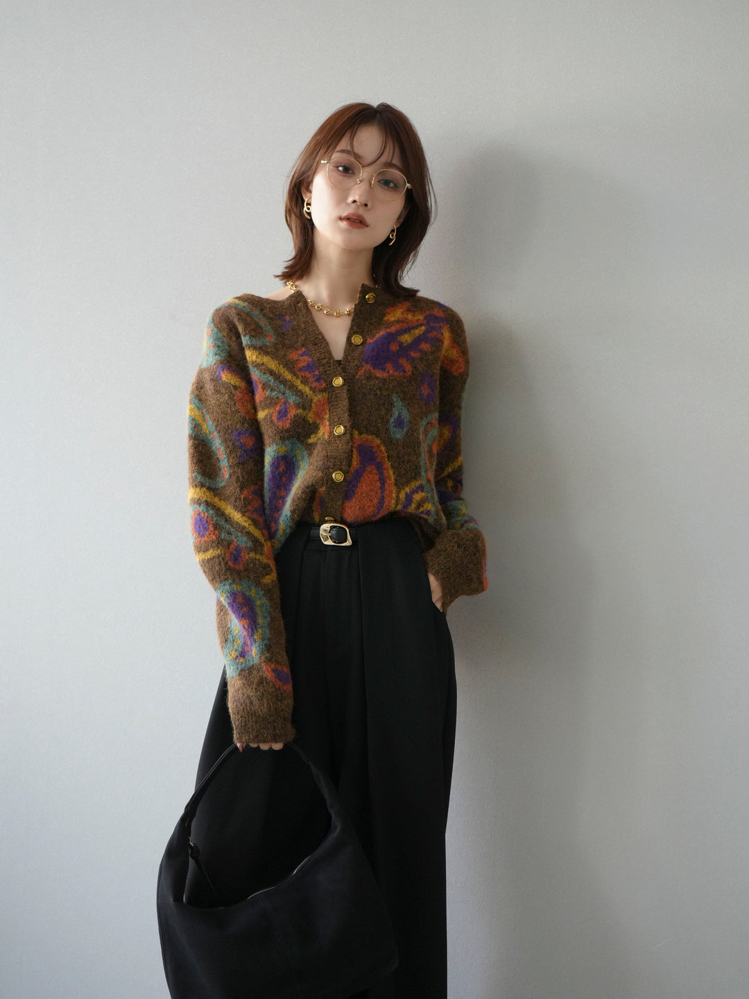 【着回しセット】[SET]求心柄クロップドニットカーディガン+ミックスヤーンペイズリー柄ニットカーディガン+ベルトループデザインワイドパンツ(3set)