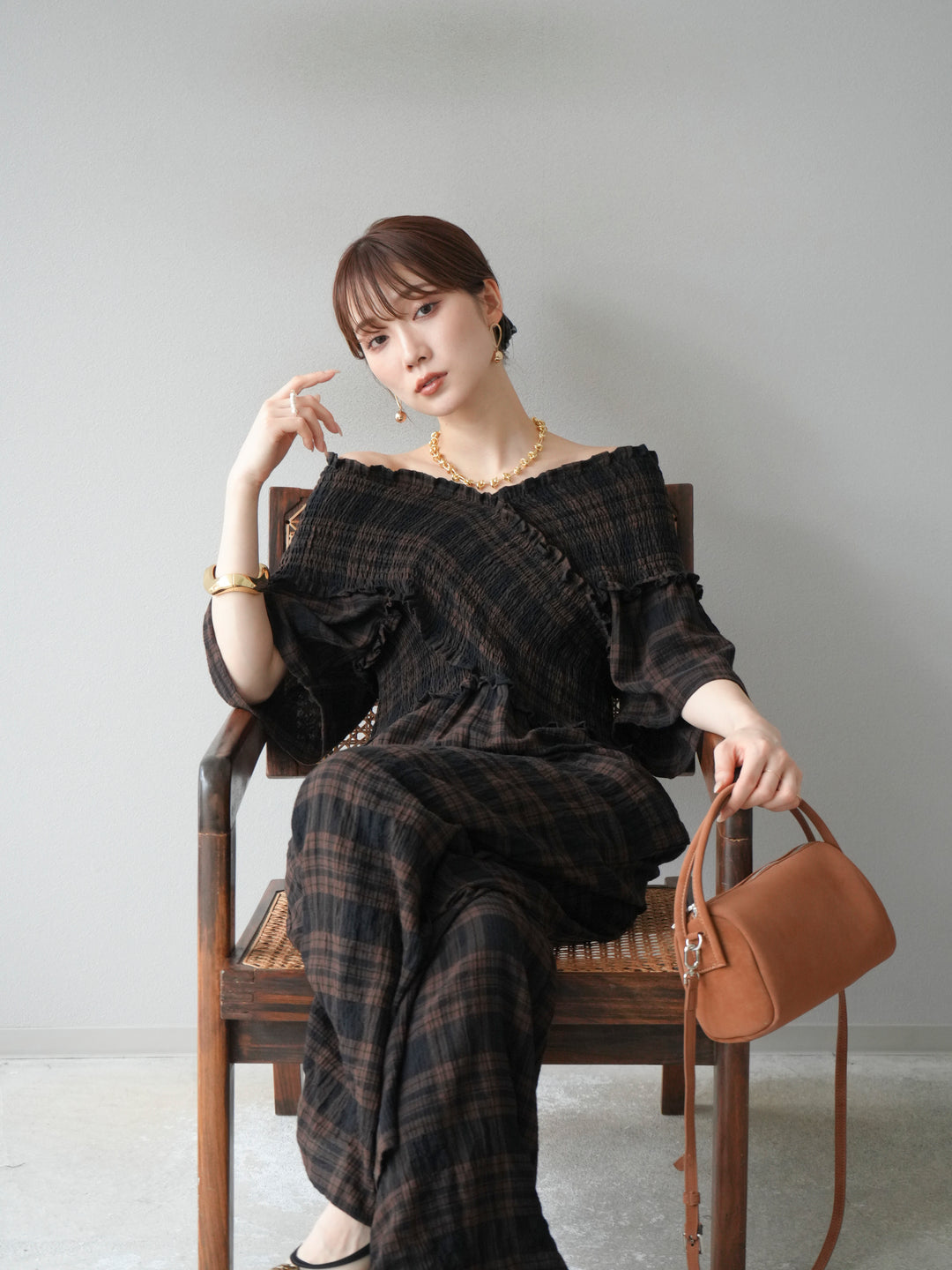 [予約]チェック柄ハーフスリーブシャーリングクロスサロペット/ブラウン