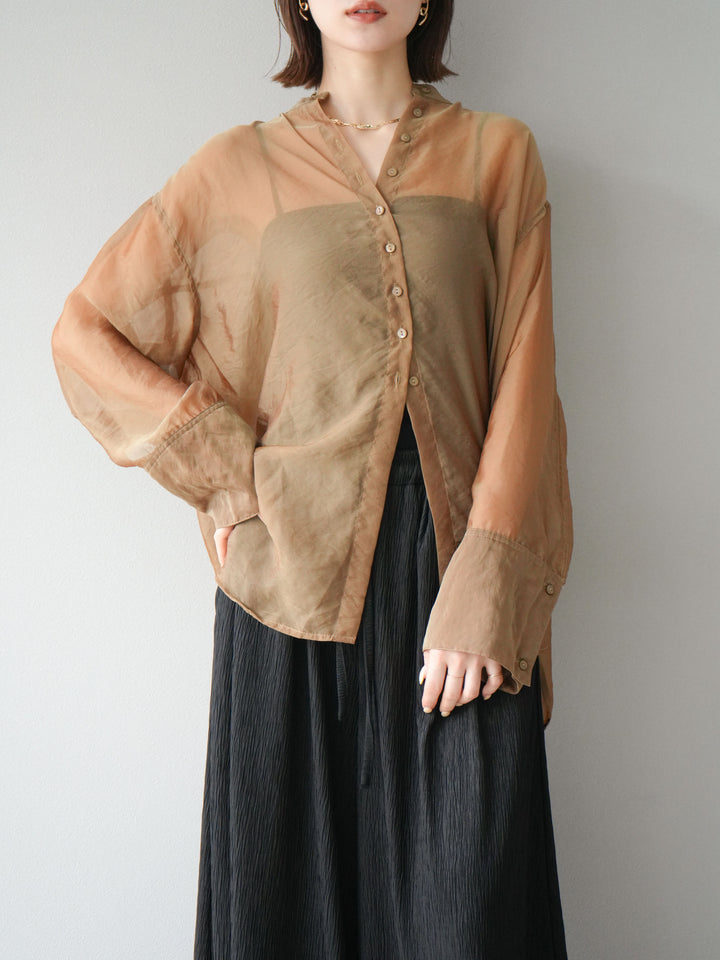 [予約]シャイニーシアーバンドカラーシャツ/カーキブラウン