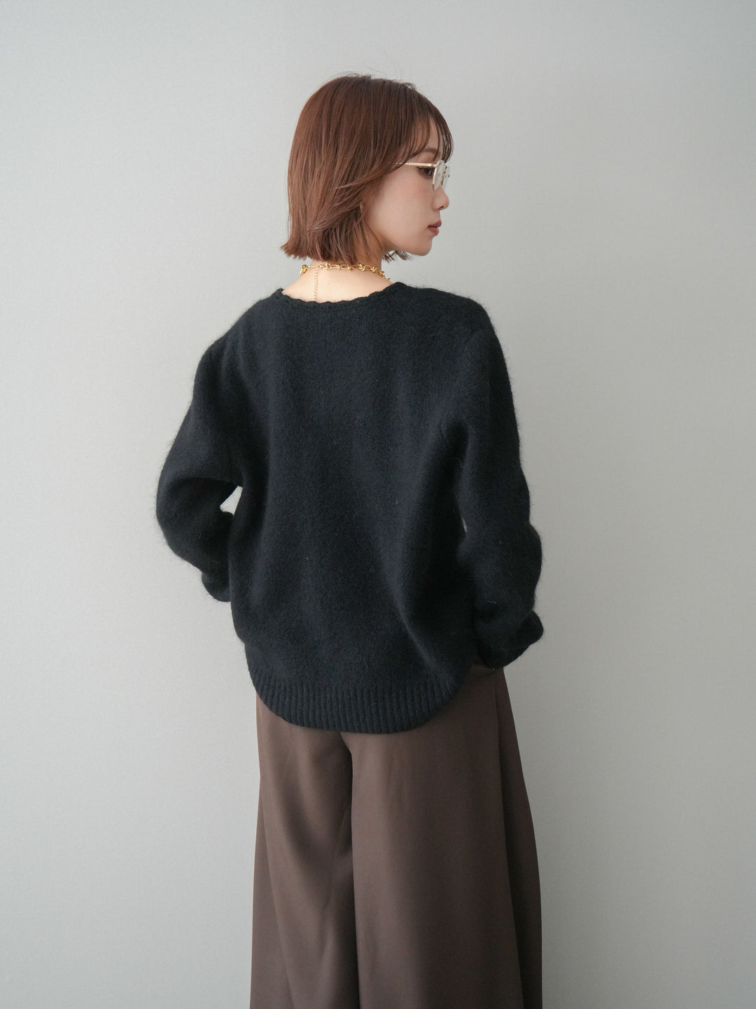 [SET]くるみボタンニットカーディガン+テープベルトタックバギーパンツ(2set)