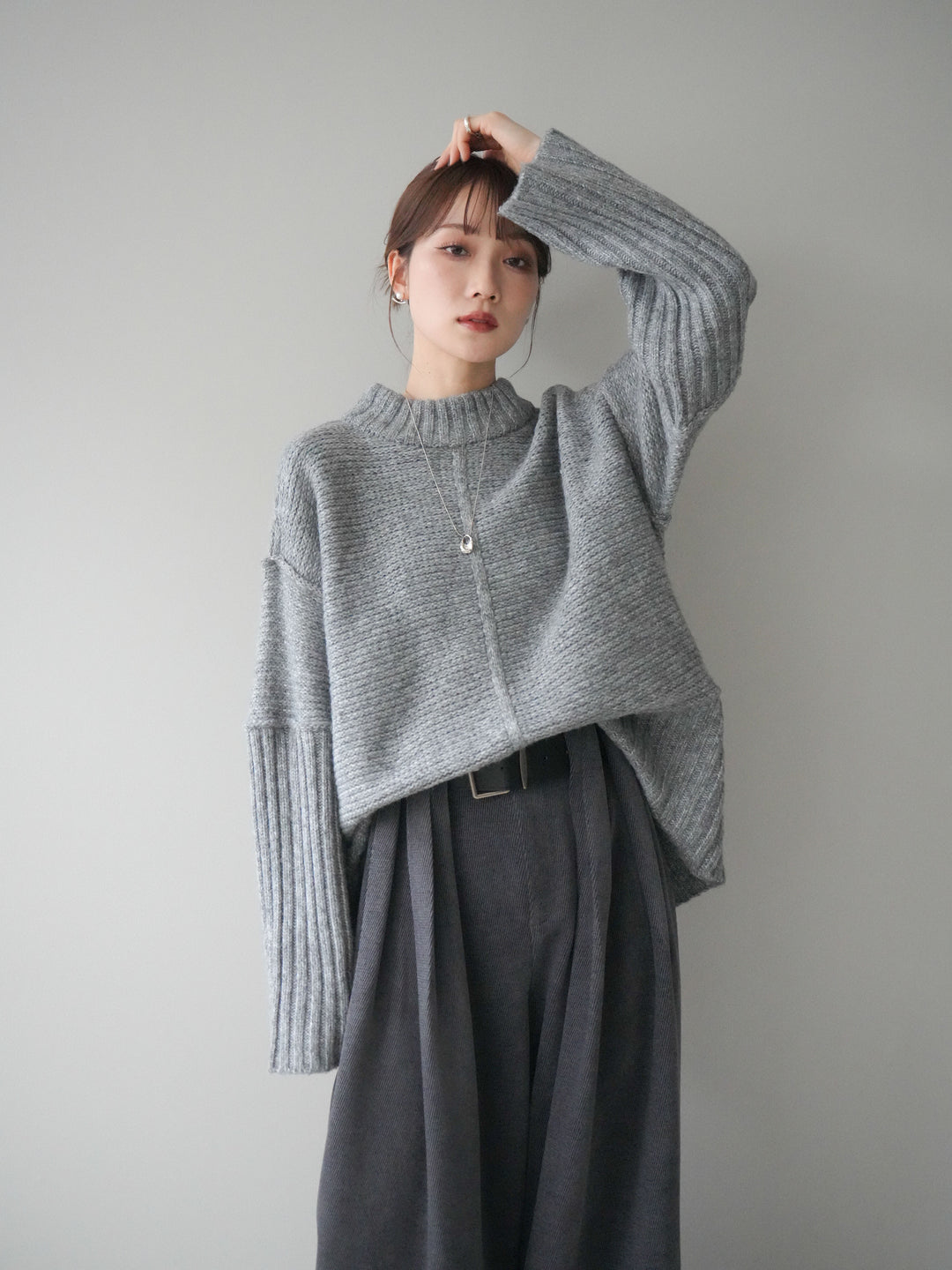 [予約]編み地切替ボトルネックニットプルオーバー/mokugray